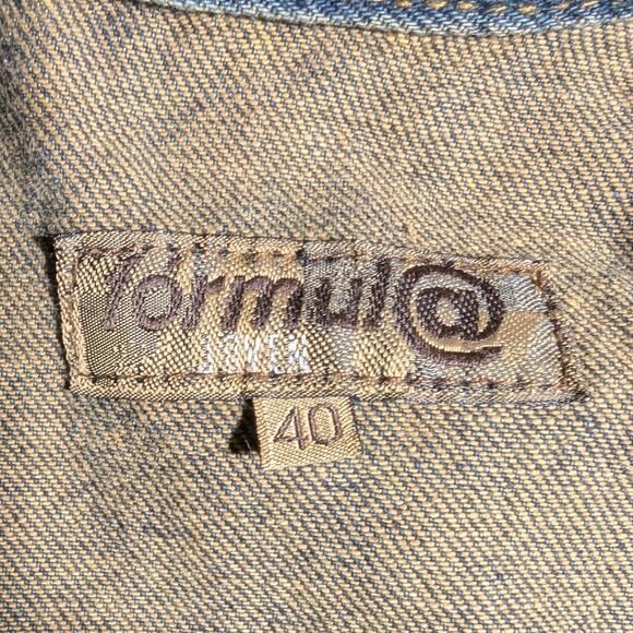 Vtg Y2K Formula Blue Yellow Distressed Paint Splatter Cotton Denim Jacket 40 8 - Picture 3 of 5